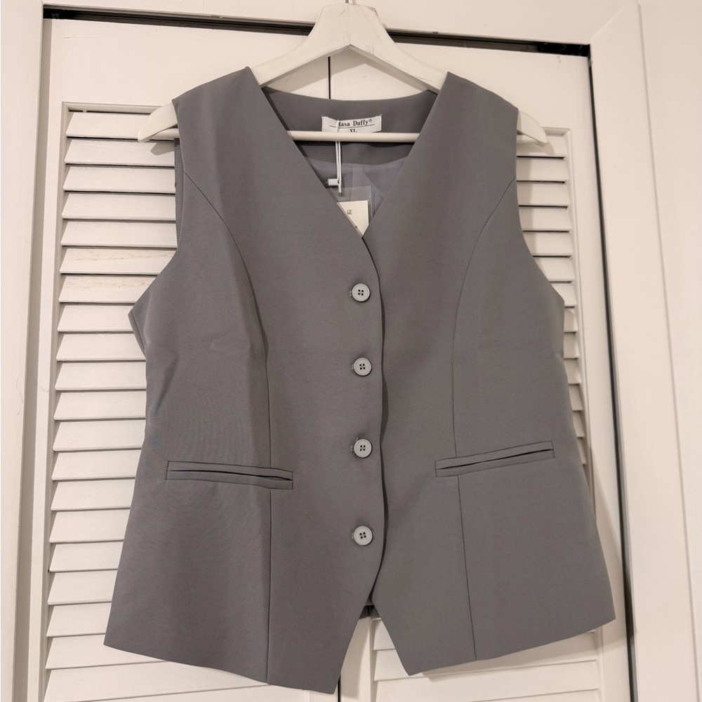Gray V-Neck Button Front Vest